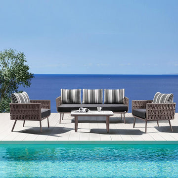 4 Pieces Rope Woven Outdoor Conversation Set with Aluminum Frame and Glass-top Table